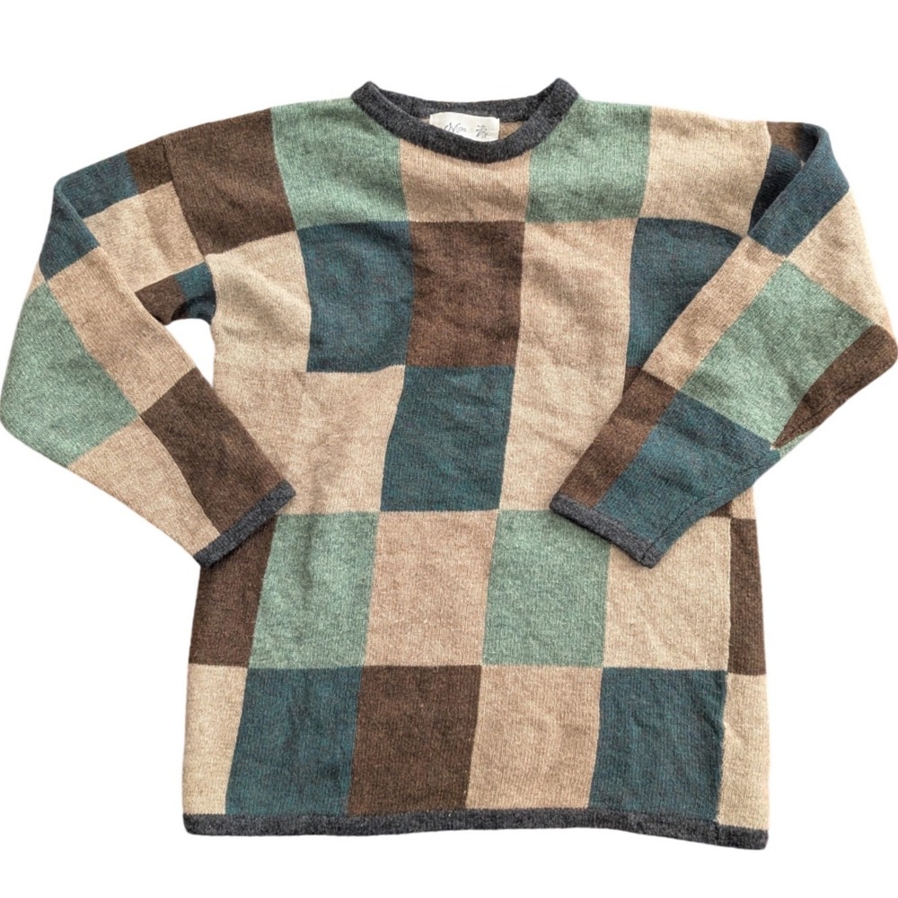 VTG S.Mon Lambswool Checkerboard Colorblock Patchwork Sweater Eclectic Grandpa M